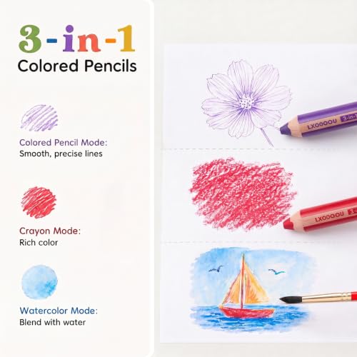 3 in 1 Colored Pencils Set, 12 Jumbo Fat Watercolor Crayons | 3-in-1 Set: Includes 12 jumbo pencils, 1 sharpener & 1 water brush. Use as colored pencils, crayons & watercolor pencils - color: 12-Color Set