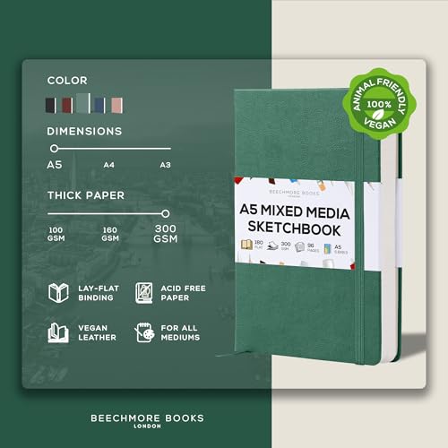 Beechmore Books A5 5.8x8.3 Mixed Media Sketchbook 300 GSM/140LBS | Heavyweight Vegan Leather Hardcover, 96 Pages Art Journal, Art Supplies for Paintings, Gouache, Watercolor & Ink - color: Dartmouth Green, size: A5 - 5" x 8" Medium