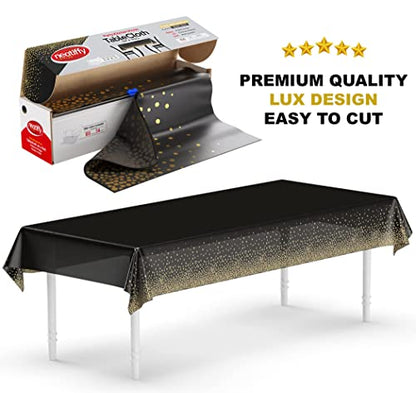 Neatiffy Disposable Plastic Table Cloth Roll with Slide Cutter | Waterproof Cover for Rectangle, Square, Oval Tables | Picnic, Party, Banquet, Birthdays, Weddings - Black with Gold Dots - color: Black Golden Dot, size: 54 inches X 100 feet