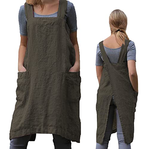 ZQFFB Pinafore Cross Back Apron for Women with Pockets | Japanese Style Kitchen Apron with Convenient Front Pockets, Smock for Cooking, Gardening, Pottery and Painting - color: Green, size: X-Large