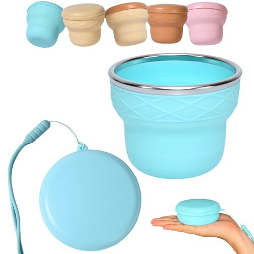 Collapsible Travel Cup 7oz Silicone Foldable Water Cup, Cute Ice Cream Cone Shape, Macaron Colors, BPA-Free with Lid - Portable Drinking Cup for Camping, Hiking & Outdoor Travel (Blue) - color: Blue