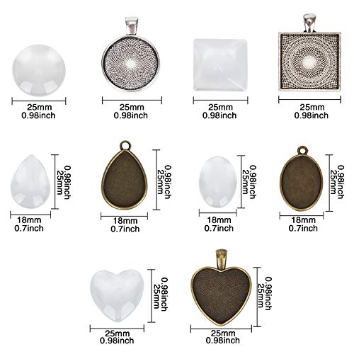 60Pcs Pendant Trays 5 Styles Resin Jewelry Making Kit with Glass Cabochons - color: 30Pcs Metal Pendant+30pcs Bright Glass Cabochon