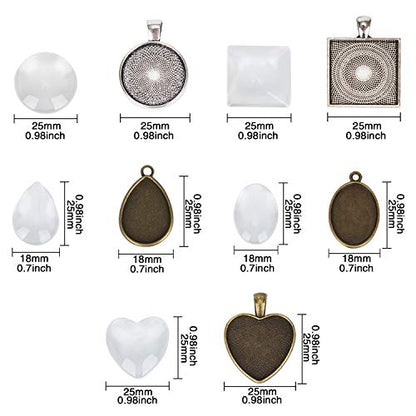 60Pcs Pendant Trays 5 Styles Resin Jewelry Making Kit with Glass Cabochons - color: 30Pcs Metal Pendant+30pcs Bright Glass Cabochon