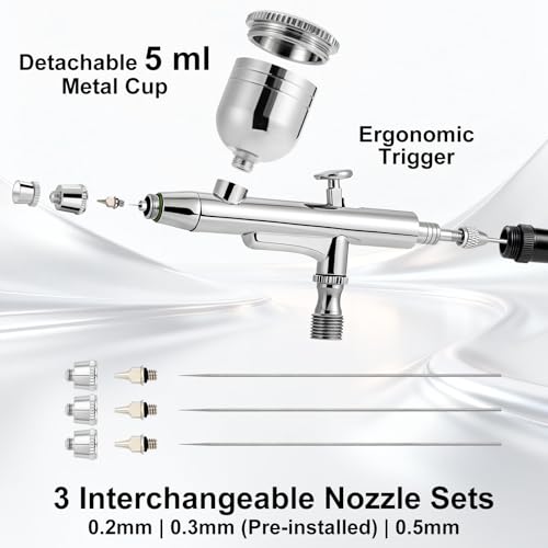 Airbrush Kit with Compressor, 55 PSI, Air Brush Cleaning Kit | 3-Nozzle Set, Dual-action Air Brush Gun, Airbrush Cleaning Kit (16.2 fl oz Cleaner), for Model Painting, Artwork & DIY Crafts