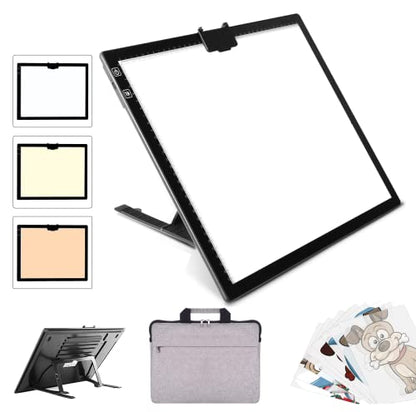 YINGWOND Rechargeable A3 LED Light Pad with Carry Bag, Adjustable Brightness Light Box with 3 Colors, Built-in Stand, 2500mAh Battery, Magnetic Clip, Light Board for Tracing Diamond Painting Sketching - style: Rechargeable-A3 Black+Padded case