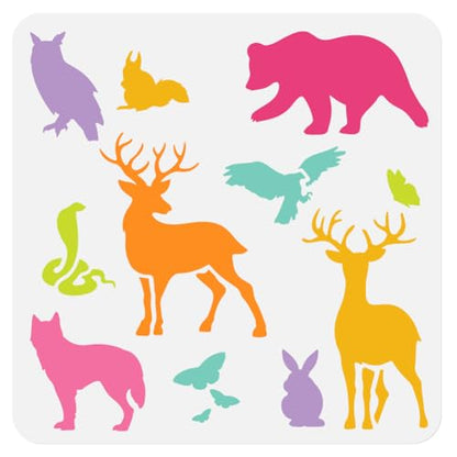 Wild Animals Wall Stencil Bear Owl Deer Fox Rabbit Eagle Snake Butterfly 11.8x11.8 Inch Reusable Stencil for Painting on Wood, Floor, Wall and Fabric, Animal Theme Template for DIY Craft Painting - style: Forest Animal B