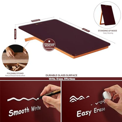 Yeoux Desk Glass Dry Erase Board with Reversible Wood Stand 9.5"x6.7" - color: Cherry-burgundy Red