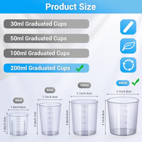 Gartful 200ml Large Measuring Cup - 10 Pack, 6.8oz Plastic Graduated Cups for Resin Epoxy Casting Making, Slime Making, Paint Pouring, Chemical Resistant - size: 200ml