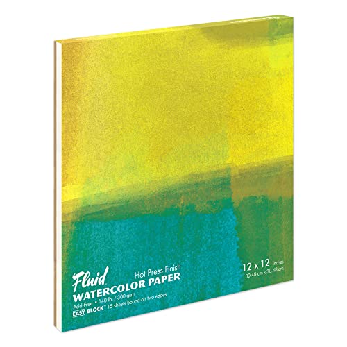 Fluid Watercolor Paper Block, 12 x 12 inches, 15 Sheets, 140 lb (300 GSM) Hot Press Pad for Artist Painting and Wet Media - size: 12 x 12