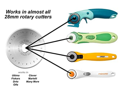 Ultima 28mm Rotary Cutter Blades – 10 Blades Per Pack – Fits Most Rotary Cutters Including Fiskars, Olfa, Martelli and TrueCut – Cuts Quilting Fabric, Leather, and More - size: 28mm