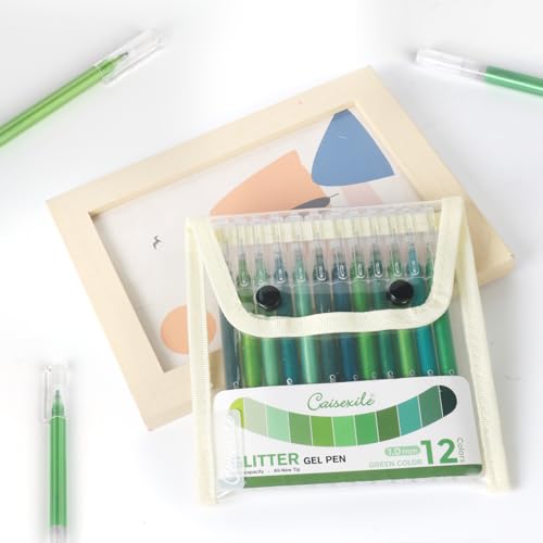 12 Green Glitter Gel Pens Set, 1.0 mm Fine Point for Black Paper & White Paper, Large Capacity Pens for Journaling, Adult Coloring Books, Drawing, Note Taking, Highlighting - color: green