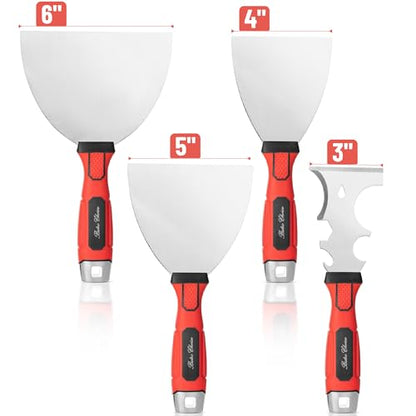 Bates- Putty Knife Set, 4 Pack, Stainless Steel, 4" 5" 6" & 10 in 1 Multi Purpose Painters Tool, Soft Grip Handle, Hammer End, Spackle Knife, Metal Paint Scraper Tool, Wall Scraper