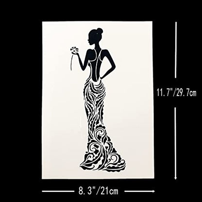 TIAMECH 6 Pcs A4 Reusable Girls Stencils for Painting | Butterflies Ladies & Beautiful Bride Layering Templates, DIY Wall Art, Wood Furniture, Scrapbook & Crafts (8.3x11.7inch) - style: Butterfly Girl