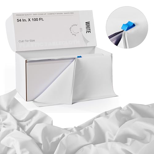 Exquisite Party Solids 54 Inch X 100 Feet White Plastic Table Cover Roll in A Cut - to - Size Box with Convenient Slide Cutter. Cuts Up to 12 Rectangle 8 Feet Plastic Disposable Tablecloths - color: White, size: 100 Feet