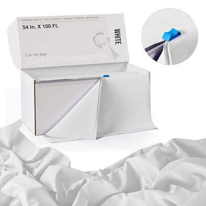 Exquisite Party Solids 54 Inch X 100 Feet White Plastic Table Cover Roll in A Cut - to - Size Box with Convenient Slide Cutter. Cuts Up to 12 Rectangle 8 Feet Plastic Disposable Tablecloths - color: White, size: 100 Feet