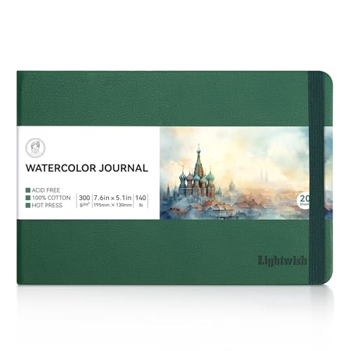 Lightwish Watercolor Journal, 100% Cotton Acid-Free Hot Press 300gsm/140lb | Hardcover Travel Sketchbook, Elastic Band Micro-Perforated 20 Sheets 7.6×5.1 Inch for Watercolor Gouache Acrylic Mixed Media - color: Green, size: 7.6*5.1 Inches