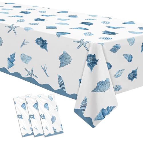 Seashell Party Tablecloth Decorations, Summer Birthday Turned Pretty | 3Pcs Disposable Ocean Sea Shell Table Cover Supplies for Birthday Starfish Blue Coasta Bachelorette Wedding 55in x 86in