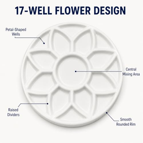 7 Inch Ceramic Watercolor Palette, Round White Flower Paint Tray | Petal-shaped color wells surround a center mixing area for watercolor, gouache, acrylic, ink and everyday art projects.