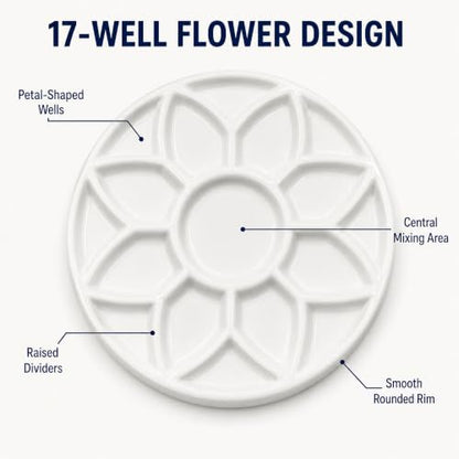 7 Inch Ceramic Watercolor Palette, Round White Flower Paint Tray | Petal-shaped color wells surround a center mixing area for watercolor, gouache, acrylic, ink and everyday art projects.