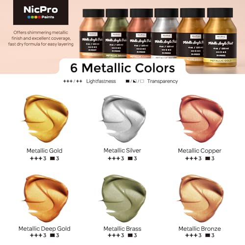 Nicpro Acrylic Paint Metallic, 6 Colors Gold, Silver, Copper, Brass, Bronze, DeepGold, 24oz/720ml Gold Leaf Paint, Non Toxic, Non Fading Paints for Art Painting, Handcrafts, Ideal for Multi-surface - color: Gold, Silver, Copper, Brass, Bronze, Deep Gold,