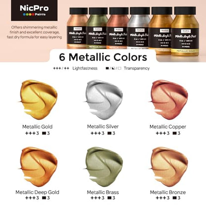 Nicpro Acrylic Paint Metallic, 6 Colors Gold, Silver, Copper, Brass, Bronze, DeepGold, 24oz/720ml Gold Leaf Paint, Non Toxic, Non Fading Paints for Art Painting, Handcrafts, Ideal for Multi-surface - color: Gold, Silver, Copper, Brass, Bronze, Deep Gold,