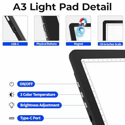Heanolier Rechargeable A3 Light Board with Stand & Bag for Diamond Painting,5100 Lux Magnetic Light Pad with Side Buttons,Wireless Light Box for Tracing,LED Light Table for Sketching,Drawing,Artcraft - size: A3 with Stand & Padded Case