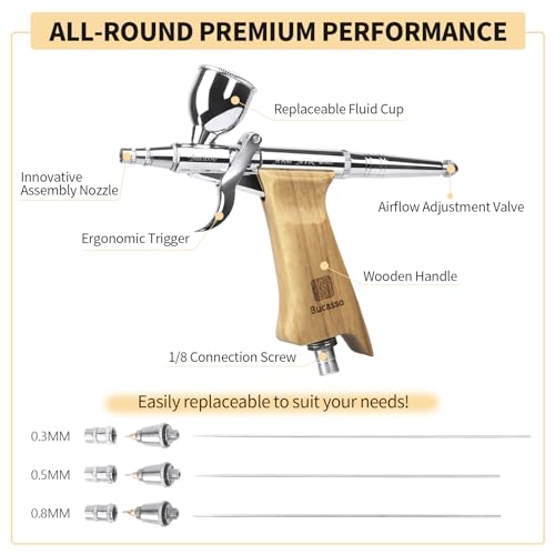 Airbrush Guns for Painting, Double Action Trigger Airbrush Kit with 0.3mm/0.5mm/0.8mm Needles/Nozzle Sets, Replaceable Fluid Cup, Airbrush Spray Set for Painting Nails Cake Tattoo - color: W001-Burlywood