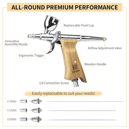 Airbrush Guns for Painting, Double Action Trigger Airbrush Kit with 0.3mm/0.5mm/0.8mm Needles/Nozzle Sets, Replaceable Fluid Cup, Airbrush Spray Set for Painting Nails Cake Tattoo - color: W001-Burlywood