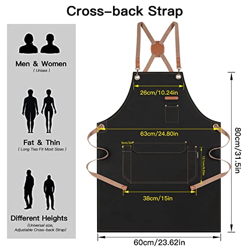 Genixart Chef Apron Men Women, Kitchen Aprons Cooking, BBQ - Black | Box Packed, Cotton Canvas, Cafe, Bar, Workshop, Restaurant, Water & Oil Stain Resistant, Cross Back Adjustable, Large Pockets - color: Black