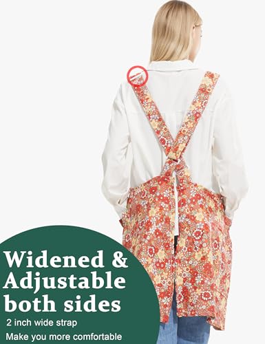 Cozy Adjustable Cross Back Aprons for Women with Pockets Cotton Linen Cooking Kitchen Baking - color: Red Floral