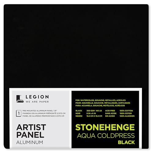 Legion Artist Panel, 1/8" Composite Brushed Aluminum with Stonehenge Aqua Coldpress Black, 100% Cotton, 140lb Paper, 6 x 6 inches for Wet Media - size: 6 x 6