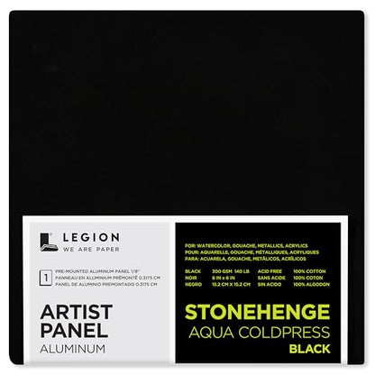 Legion Artist Panel, 1/8" Composite Brushed Aluminum with Stonehenge Aqua Coldpress Black, 100% Cotton, 140lb Paper, 6 x 6 inches for Wet Media - size: 6 x 6
