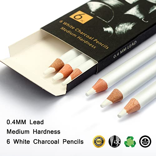 Brusarth White Charcoal Pencils Drawing Set, Professional 6-Piece Sketch, Highlight, Shading, Blending Set for Beginners & Artists - color: White