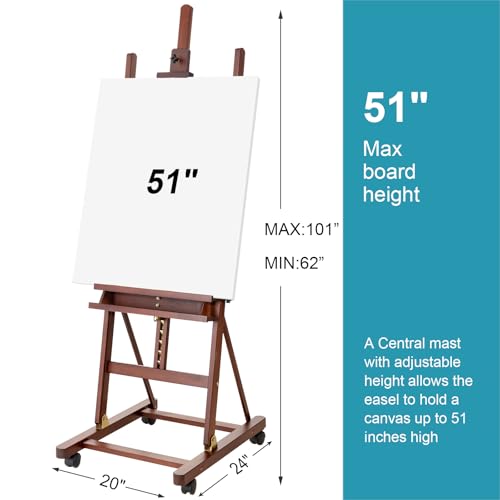 Beechwood H-Frame Artist Studio Easel with Wheels and Storage Tray, Brown | Adjustable Floor Easel Stand Holding Canvas up to 51Inches for Painting - style: Basic Walnut