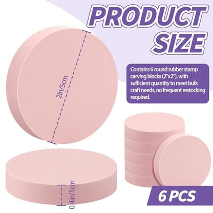 6 Pack 2"x2" Round Block Pale Pink Rubber Stamp Carving Blocks Rubber Carved Brick Soft Rubber Linoleum Block for Craft Project - style: Round