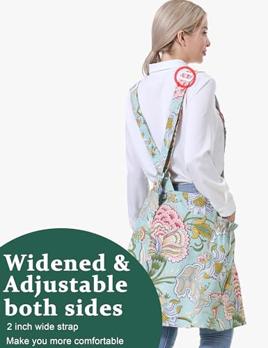 Cozy Adjustable Cross Back Aprons for Women with Pockets Cotton Linen Cooking Kitchen Baking - color: Green Flower