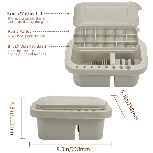 MyLifeUNIT Paint Brush Cleaner, Paint Brush Holder with Palette, Grey | 18 mixing wells, 16 slots fitting 0.24-0.63 in diameters, 3 washing compartments, removable tray lid - color: Grey