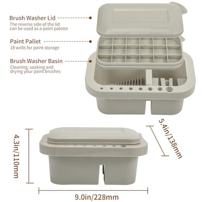 MyLifeUNIT Paint Brush Cleaner, Paint Brush Holder with Palette, Grey | 18 mixing wells, 16 slots fitting 0.24-0.63 in diameters, 3 washing compartments, removable tray lid - color: Grey