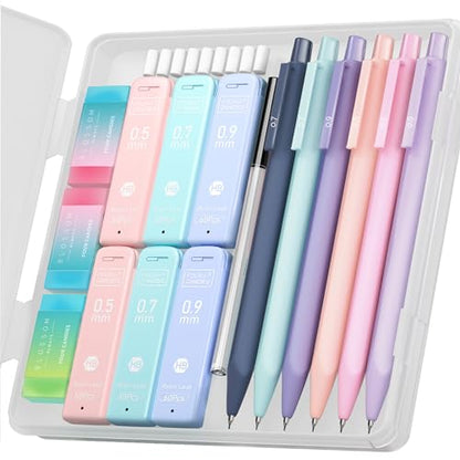Four Candies Pastel Mechanical Pencil Set with Case, 6-Pack | 0.5/0.7/0.9mm, 360 Leads, 3 Erasers, 9 Eraser Refills, Back to School Supplies for Girls, Cute Aesthetic Stationery - style: 0.5mm + 0.7mm + 0.9mm