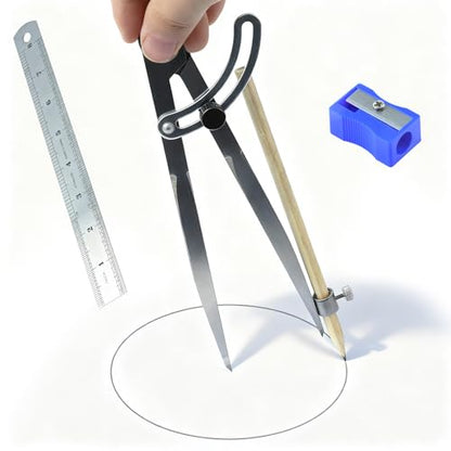 8-Inch Professional Woodworking Compass Geometry with Wing & Pencil Holder — Includes 8" Ruler and Pencil Sharpener Perfect for Accurate Circles, Layouts, and Geometric Designs