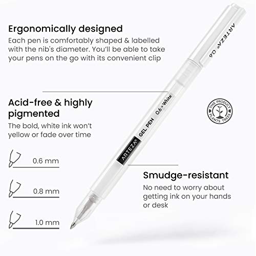 ARTEZA White Gel Pens, Set of 12 Rollerball Pens for Drawing, Highlights & Writing, Opaque Ink for Black Paper and Dark Surfaces - style: Set of 12