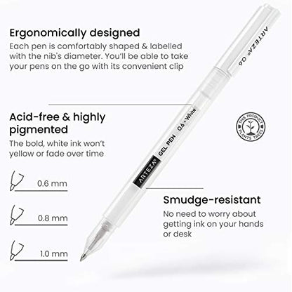 ARTEZA White Gel Pens, Set of 12 Rollerball Pens for Drawing, Highlights & Writing, Opaque Ink for Black Paper and Dark Surfaces - style: Set of 12
