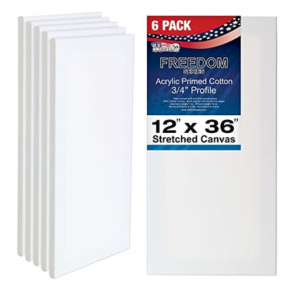 U.S. Art Supply 12 x 36 inch Stretched Canvas for Painting, 12oz Triple Primed, 6-Pack - Professional Artist Quality White Blank 3/4" Profile, 100% Cotton, Heavy-Weight Gesso - Acrylic Pouring, Oil