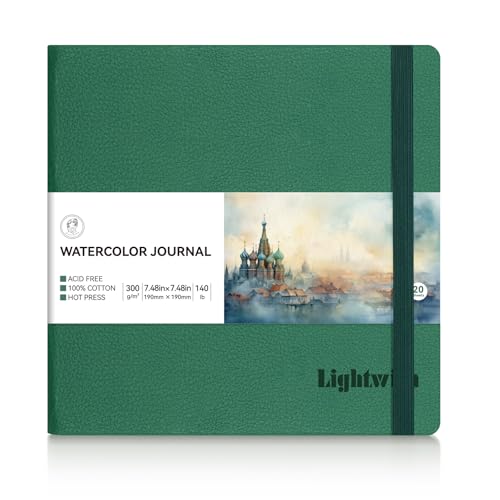 Lightwish Square Watercolor Journal, 100% Cotton Hot Press Watercolor Paper Sketchbook 7.48” x 7.48”, 20 Sheets (140lb/300gsm), Acid-Free for Watercolors, Gouache, Acrylics | 7.48” x 7.48” , 20 Sheets, Acid-Free Watercolor Paper Sketchbook, Ideal for Stud