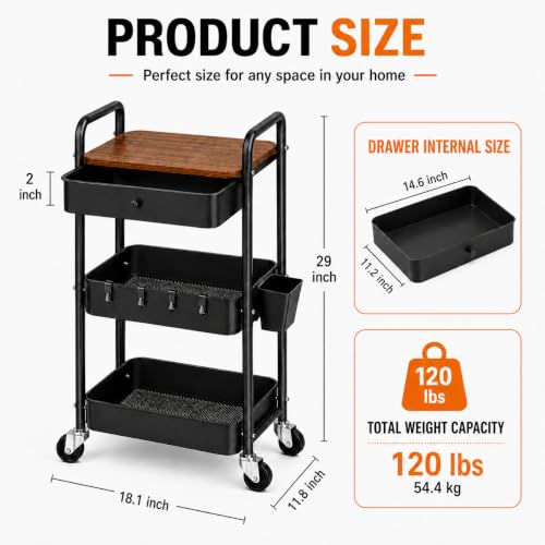 Rolling Cart with Drawers and Wood Table Top, 3 Tier Metal Black Art Carts Organizer on Wheels, Three Tiered Small Coffee Cart, Utility Storage Cart for Bedside, Baby Diaper, Snack, Craft, Book, Nail - color: Black, size: with Table top and Drawers