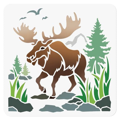 Moose in The Woods Wall Stencil, 11.8x11.8 Inch Reusable Outdoor Stencil for Painting on Wood, Floor, Wall and Fabric - style: Moose