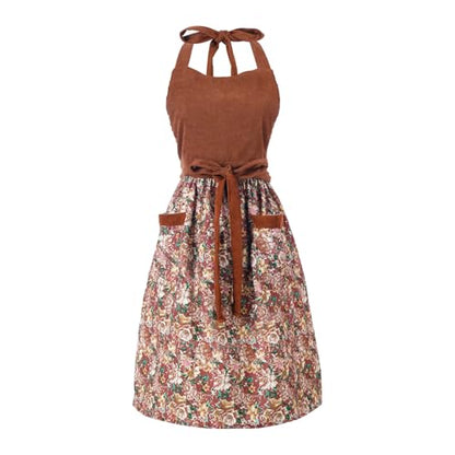 Cute Floral Apron for Women with Pockets, Cotton, Adjustable Straps - color: Brown