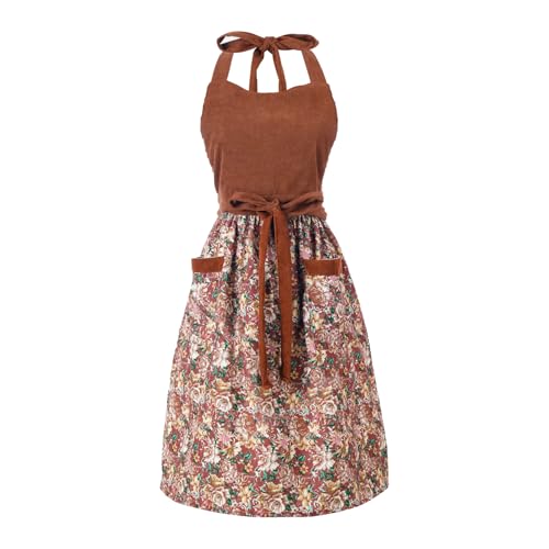 Cute Floral Apron for Women with Pockets, Cotton, Adjustable Straps - color: Brown