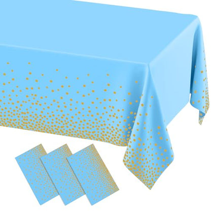 3 Packs Dot Disposable Table Cloth, 54 x 108 Inch Waterproof Plastic Tablecloth, Rectangle Gold Dots in Light Blue Table Covers for Picnic, Birthday, Party and Back to School - color: Gold in Light Blue, size: 54" x 108"