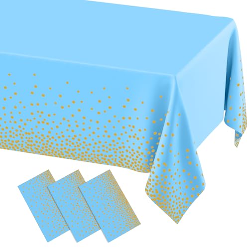 3 Packs Dot Disposable Table Cloth, 54 x 108 Inch Waterproof Plastic Tablecloth, Rectangle Gold Dots in Light Blue Table Covers for Picnic, Birthday, Party and Back to School - color: Gold in Light Blue, size: 54" x 108"
